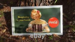 1949 VINTAGE GREEN COCA COLA HOSPITALITY IN YOUR HANDS FRAMED SIGN 3' x 1' 8