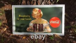 1949 VINTAGE GREEN COCA COLA HOSPITALITY IN YOUR HANDS FRAMED SIGN 3' x 1' 8