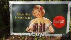 1949 VINTAGE GREEN COCA COLA HOSPITALITY IN YOUR HANDS FRAMED SIGN 3' x 1' 8