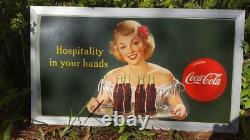 1949 VINTAGE GREEN COCA COLA HOSPITALITY IN YOUR HANDS FRAMED SIGN 3' x 1' 8