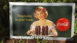 1949 VINTAGE GREEN COCA COLA HOSPITALITY IN YOUR HANDS FRAMED SIGN 3' x 1' 8