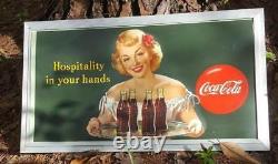 1949 VINTAGE GREEN COCA COLA HOSPITALITY IN YOUR HANDS FRAMED SIGN 3' x 1' 8