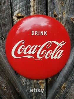 1950 Coca Cola Button Sign. 12in. Painted Metal. Original