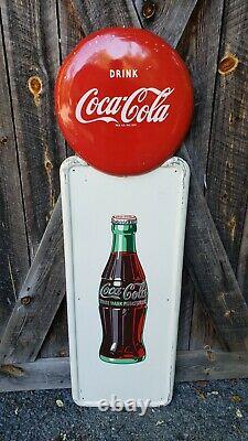 1950 Coca Cola Pilaster Sign With Button. 54inx16in. Painted Metal. Original