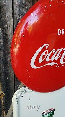 1950 Coca Cola Pilaster Sign With Button. 54inx16in. Painted Metal. Original