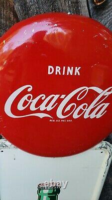 1950 Coca Cola Pilaster Sign With Button. 54inx16in. Painted Metal. Original