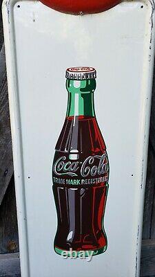 1950 Coca Cola Pilaster Sign With Button. 54inx16in. Painted Metal. Original