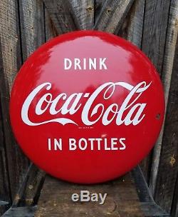 1950's 36in Coca Cola Porcelain Button Sign. Great Gloss! Clean