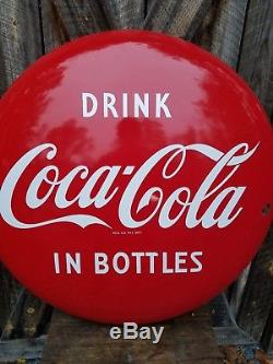 1950's 36in Coca Cola Porcelain Button Sign. Great Gloss! Clean