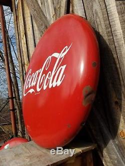 1950's 36in Coca Cola Porcelain Button Sign. Original