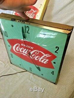 1950's Coca Cola Fishtail Clock Green Sign from Pam Clock Co COKE Works