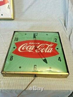 1950's Coca Cola Fishtail Clock Green Sign from Pam Clock Co COKE Works