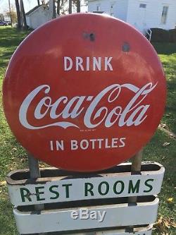 1950's Coca Cola Porcelain Button Lollipop Curb Gas Pump Service Station Sign