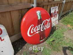 1950's Original 36 inch Coca Cola Porcelain Button Coke Sign Vintage Advertise