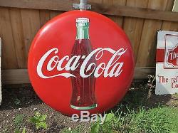 1950's Original 36 inch Coca Cola Porcelain Button Coke Sign Vintage Advertise