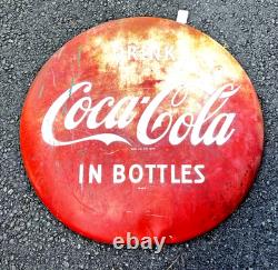 1950's Original Coca Cola Drink In Bottles Button Metal Advertising Sign 24