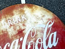1950's Original Coca Cola Drink In Bottles Button Metal Advertising Sign 24
