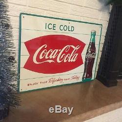 1950's Original Coca Cola Fishtail Sign Enjoy That Refreshing New Feeling