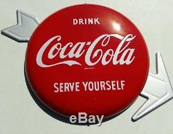 1950s-1960s Coca-Cola 16 inch Porcelain Button with Arrow Sign-NM