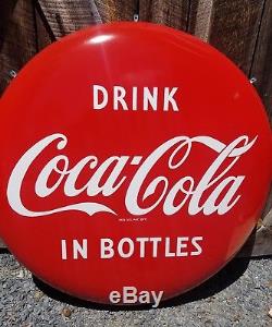 1950s 36in Coca Cola Button Sign. Clean. Porcelain