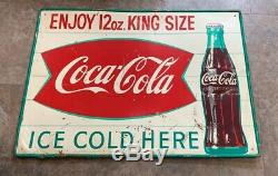 1950s-60's Coca Cola ENJOY 12 oz KING SIZE FISHTAIL BOTTLE SIGN METAL 27