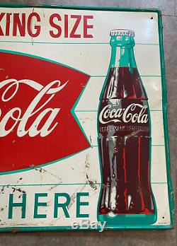 1950s-60's Coca Cola ENJOY 12 oz KING SIZE FISHTAIL BOTTLE SIGN METAL 27