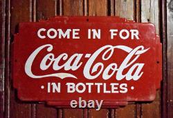 1950s COME IN FOR COCA COLA IN BOTTLES ART DECO EMBOSSED PAINTED METAL DOOR SIGN