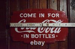 1950s COME IN FOR COCA COLA IN BOTTLES ART DECO EMBOSSED PAINTED METAL DOOR SIGN