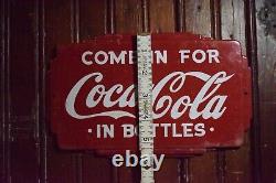 1950s COME IN FOR COCA COLA IN BOTTLES ART DECO EMBOSSED PAINTED METAL DOOR SIGN