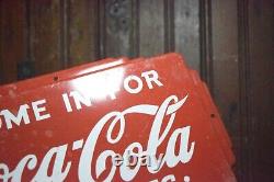 1950s COME IN FOR COCA COLA IN BOTTLES ART DECO EMBOSSED PAINTED METAL DOOR SIGN