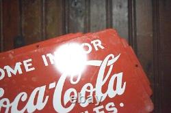 1950s COME IN FOR COCA COLA IN BOTTLES ART DECO EMBOSSED PAINTED METAL DOOR SIGN