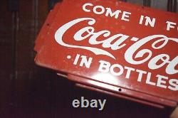 1950s COME IN FOR COCA COLA IN BOTTLES ART DECO EMBOSSED PAINTED METAL DOOR SIGN