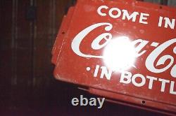 1950s COME IN FOR COCA COLA IN BOTTLES ART DECO EMBOSSED PAINTED METAL DOOR SIGN