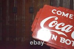 1950s COME IN FOR COCA COLA IN BOTTLES ART DECO EMBOSSED PAINTED METAL DOOR SIGN