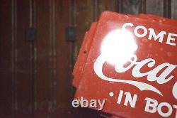 1950s COME IN FOR COCA COLA IN BOTTLES ART DECO EMBOSSED PAINTED METAL DOOR SIGN
