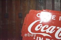 1950s COME IN FOR COCA COLA IN BOTTLES ART DECO EMBOSSED PAINTED METAL DOOR SIGN