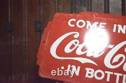 1950s COME IN FOR COCA COLA IN BOTTLES ART DECO EMBOSSED PAINTED METAL DOOR SIGN