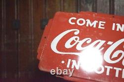 1950s COME IN FOR COCA COLA IN BOTTLES ART DECO EMBOSSED PAINTED METAL DOOR SIGN