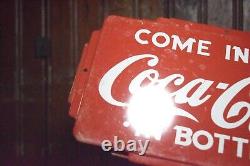 1950s COME IN FOR COCA COLA IN BOTTLES ART DECO EMBOSSED PAINTED METAL DOOR SIGN