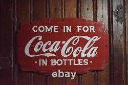 1950s COME IN FOR COCA COLA IN BOTTLES ART DECO EMBOSSED PAINTED METAL DOOR SIGN
