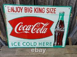 1950s Coca Cola Fishtail Sign. 28inx20in. Painted Metal. Original