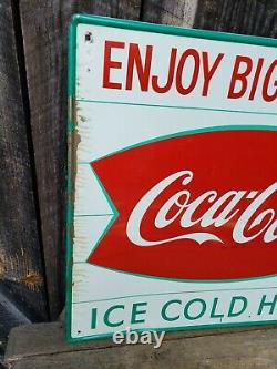 1950s Coca Cola Fishtail Sign. 28inx20in. Painted Metal. Original