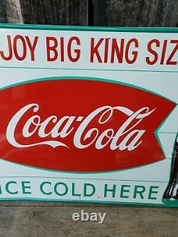 1950s Coca Cola Fishtail Sign. 28inx20in. Painted Metal. Original