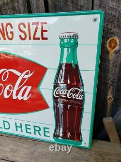 1950s Coca Cola Fishtail Sign. 28inx20in. Painted Metal. Original