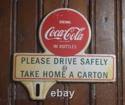 1950s DRINK COCA COLA IN BOTTLES PAINTED METAL TOPPER SIGN PLEASE DRIVE SAFELY