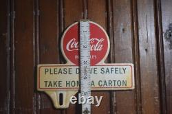 1950s DRINK COCA COLA IN BOTTLES PAINTED METAL TOPPER SIGN PLEASE DRIVE SAFELY