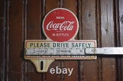 1950s DRINK COCA COLA IN BOTTLES PAINTED METAL TOPPER SIGN PLEASE DRIVE SAFELY