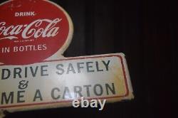 1950s DRINK COCA COLA IN BOTTLES PAINTED METAL TOPPER SIGN PLEASE DRIVE SAFELY