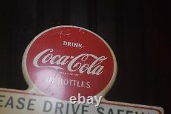 1950s DRINK COCA COLA IN BOTTLES PAINTED METAL TOPPER SIGN PLEASE DRIVE SAFELY