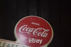 1950s DRINK COCA COLA IN BOTTLES PAINTED METAL TOPPER SIGN PLEASE DRIVE SAFELY
